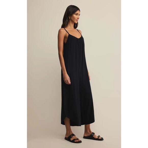 Z Supply Women's Black Scoop Neck Cropped Length Flared Jumpsuit Size Large - Picture 3 of 9